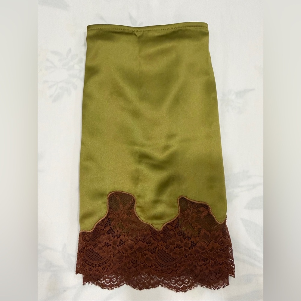 Commense Olive Green Satin Pencil Skirt with Brown Lace Hem